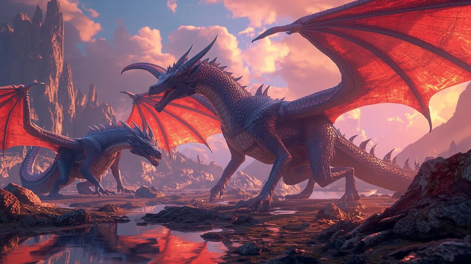 A group of dragons with blue scales and glowing red wings standing on a rocky landscape during sunset, with mountains and clouds in the background.