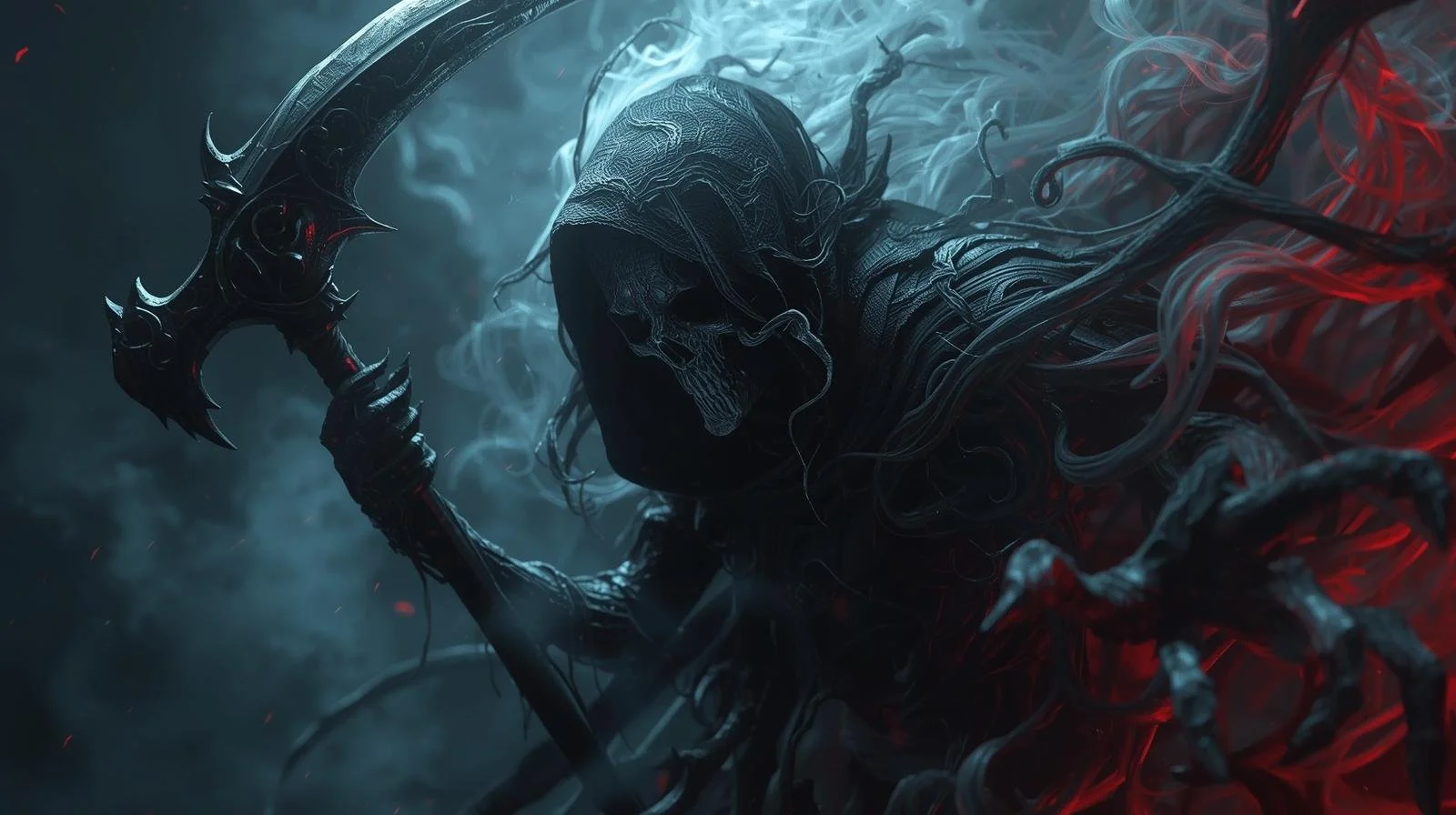 Dark, evil-looking creature with a skeletal face and glowing red eyes, wielding a spiked weapon, surrounded by dark tendrils and ominous red light.