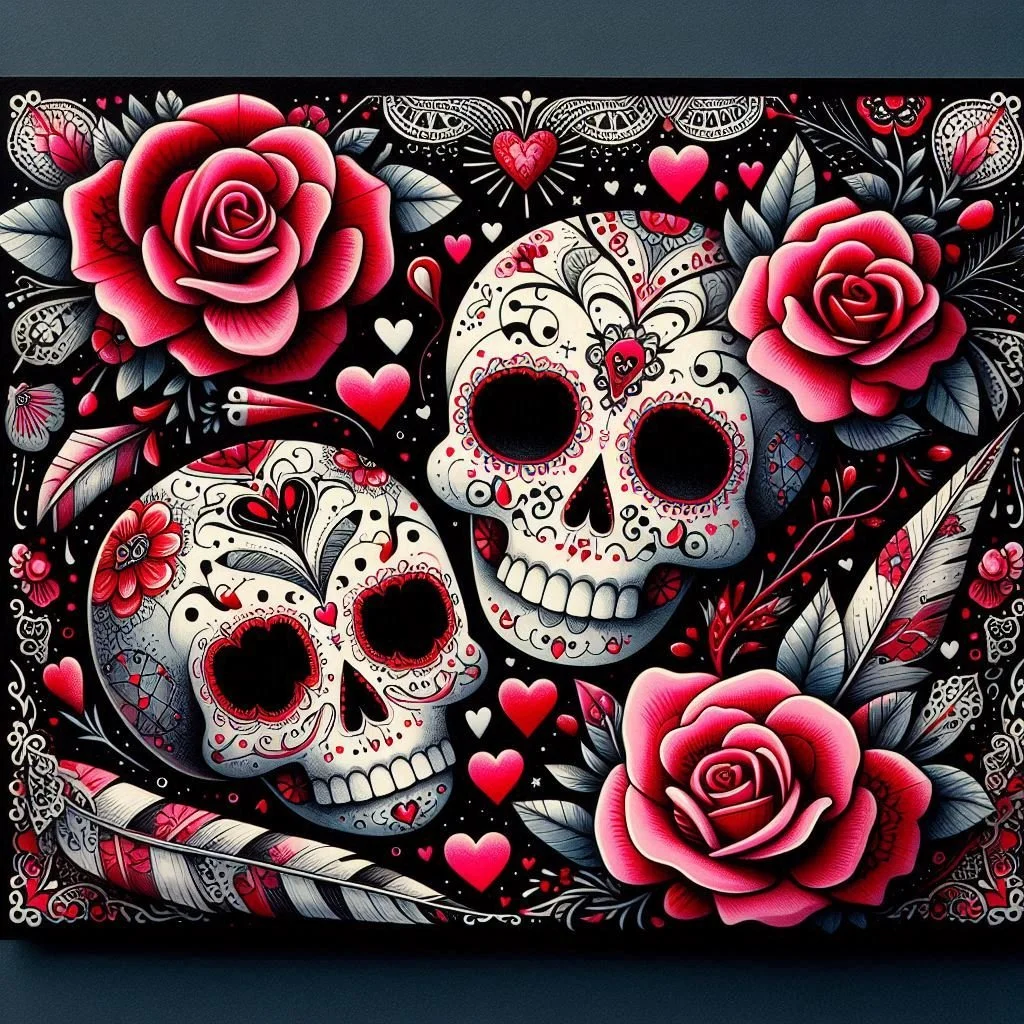 Black background with decorated sugar skulls, large pink roses, and various hearts and floral designs in red, white, black, and pink.