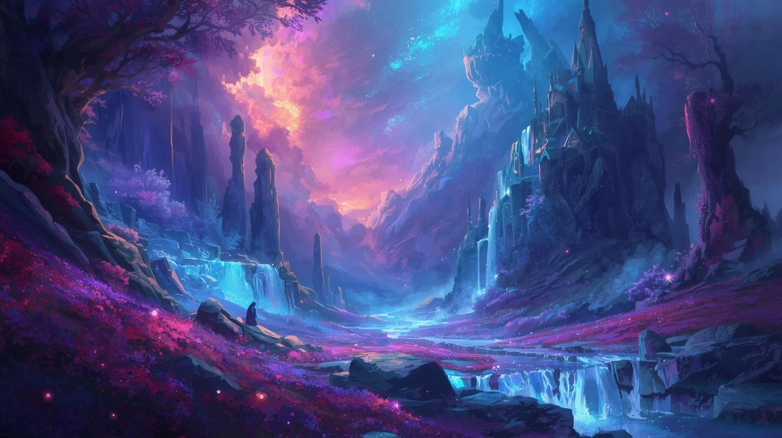 Fantasy landscape with waterfalls, mountains, and a castle under a colorful sky filled with stars and clouds.