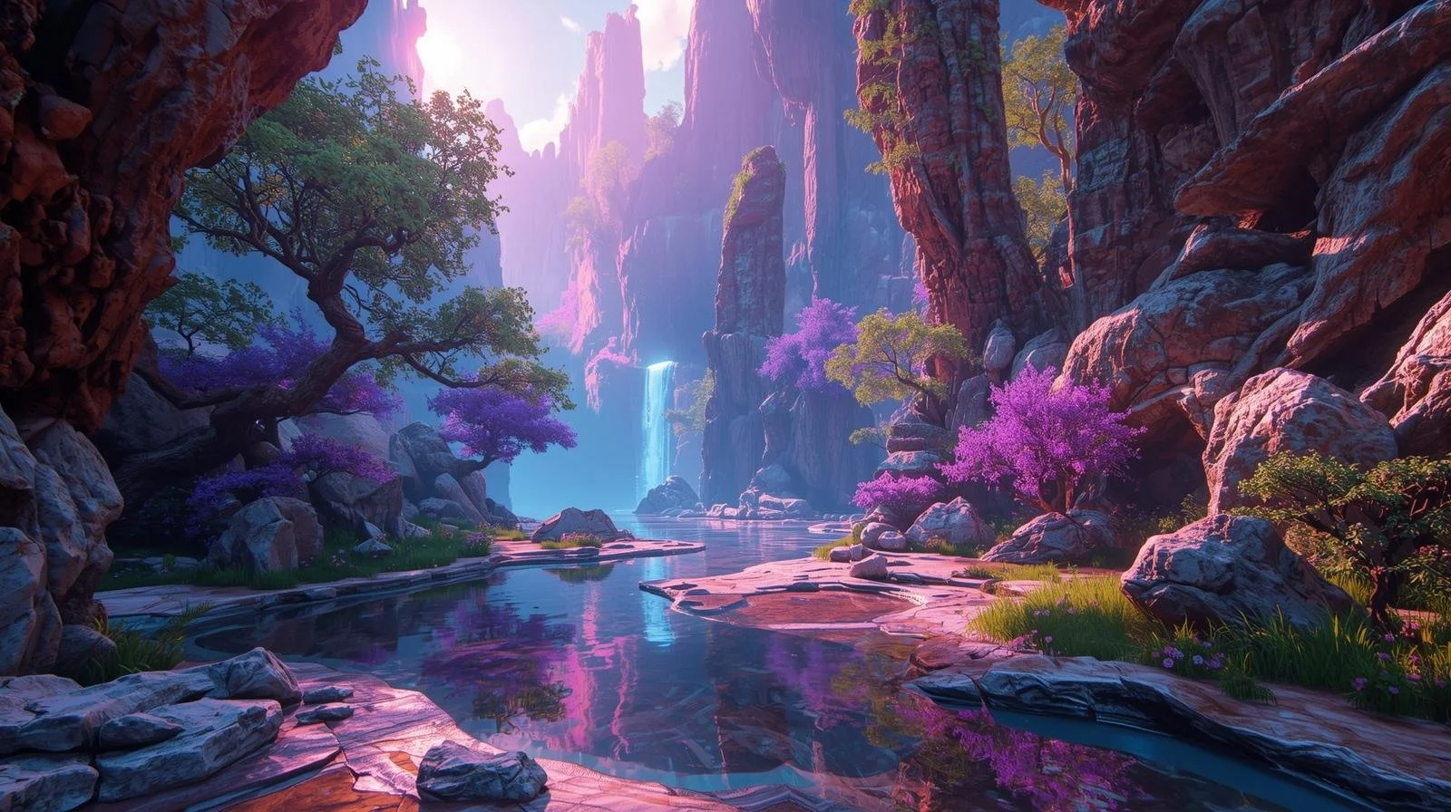 A fantasy landscape with colorful trees and rocky cliffs, a calm river reflecting the pink and purple foliage, a waterfall in the distance, and a bright sky with soft sunlight.