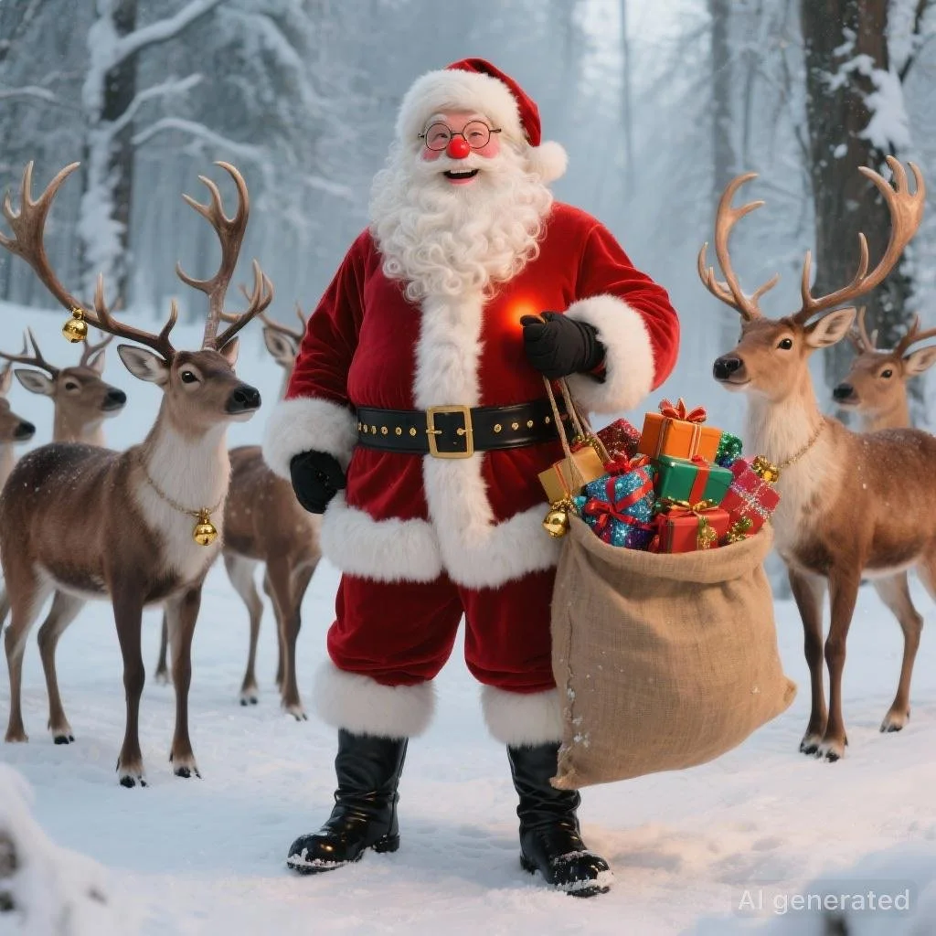 Santa Claus standing in a snowy forest with reindeer, holding a sack of Christmas presents.