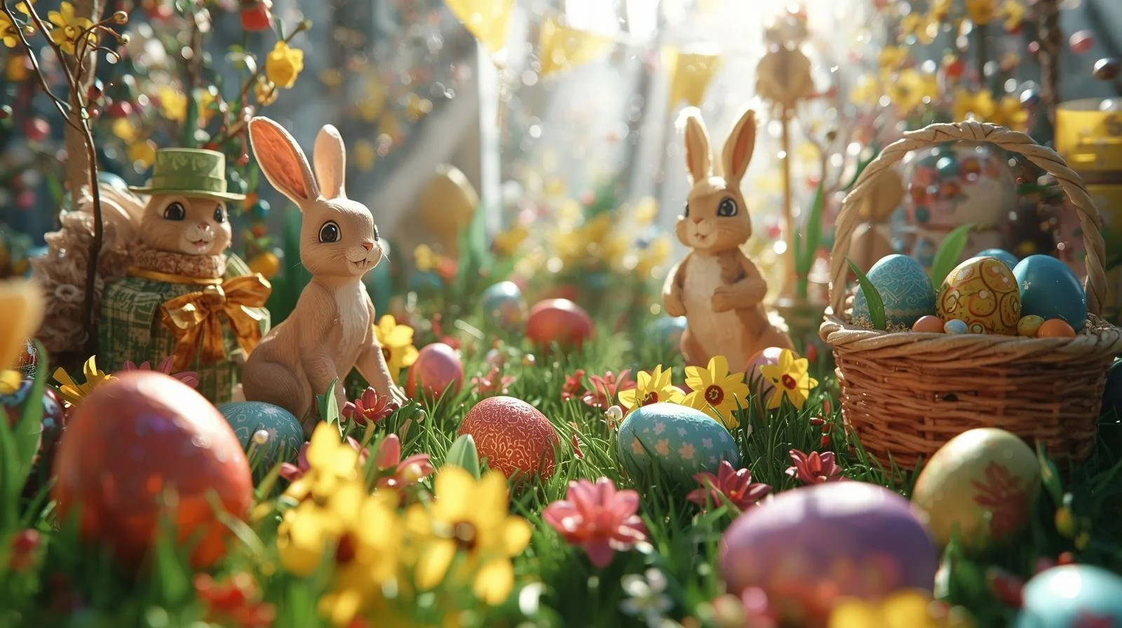 Decorative Easter scene with bunny figurines, colorful painted eggs, yellow flowers, and a basket of eggs, illuminated by sunlight.