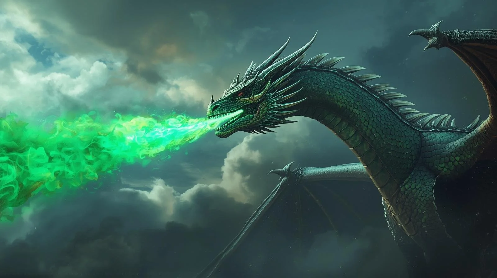 A green-scaled dragon with horns and wings is emitting a stream of green fire from its mouth, against a cloudy sky background.