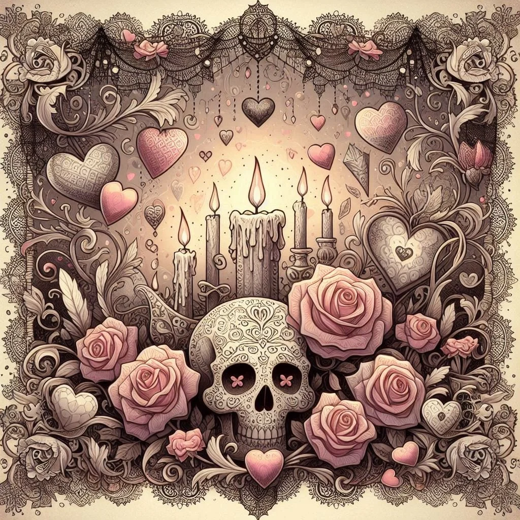A dark, gothic-style illustration featuring four lit candles, a decorated skull, numerous pink roses, and an array of hearts and intricate ornamental patterns. The scene is framed with lace-like borders and floral motifs, giving it a romantic yet mac