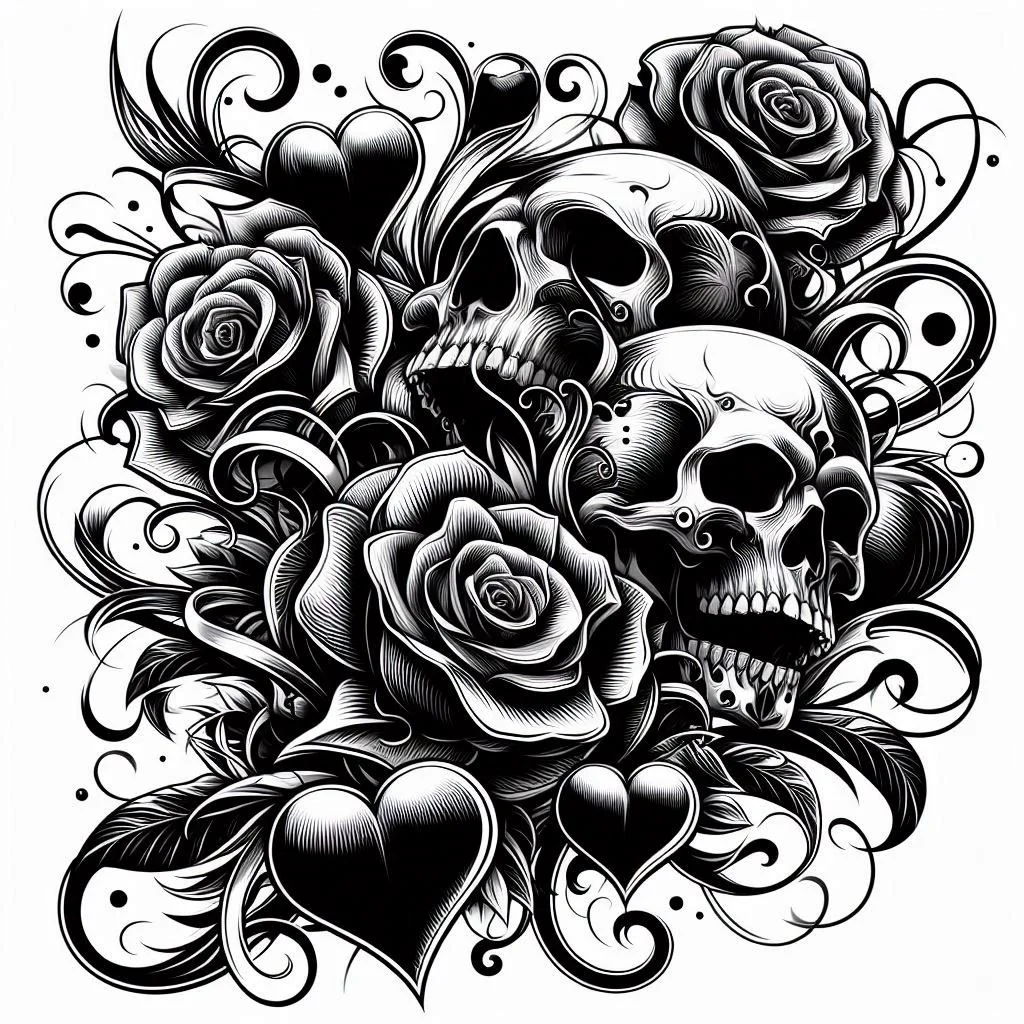 Black and white tattoo-style illustration featuring two detailed human skulls surrounded by roses, hearts, and swirling decorative elements.