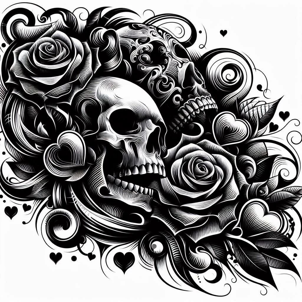 Black and white tattoo-style illustration of a skull surrounded by roses, swirling patterns, and small hearts.