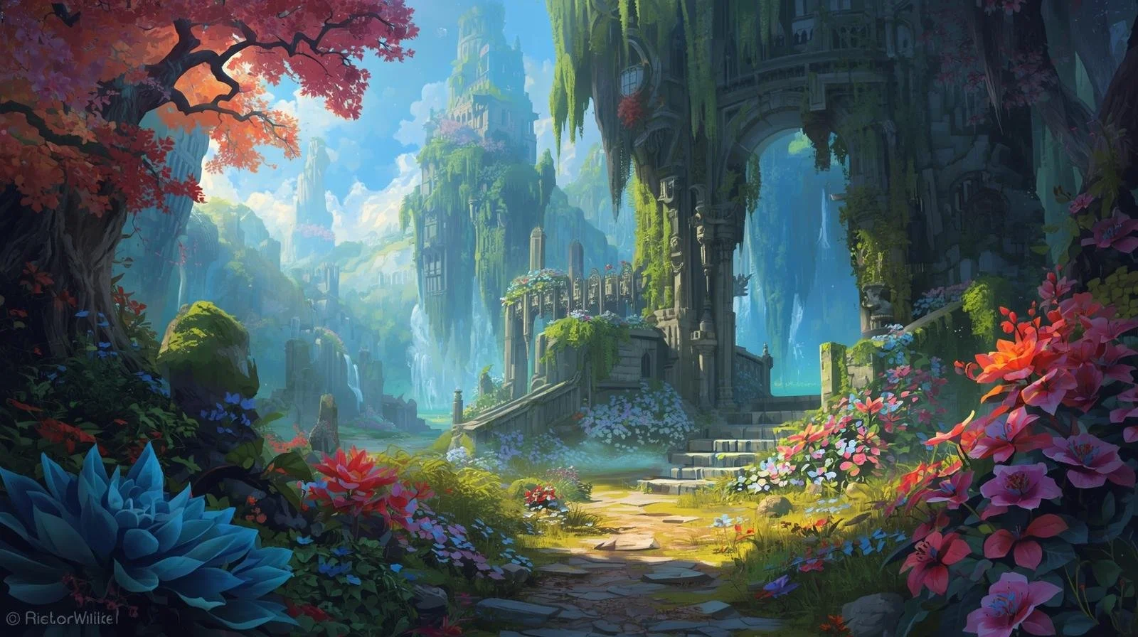 Fantasy landscape with ancient stone ruins surrounded by lush colorful flowers and trees, waterfalls cascading in the background under a bright blue sky.