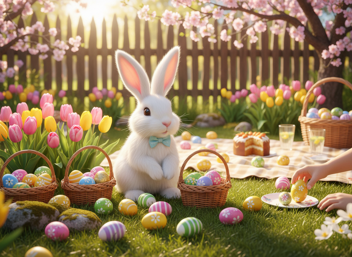 Easter Bunny in a garden with tulips and pink cherry blossoms, surrounded by colorful painted Easter eggs, baskets, and a cake for an Easter celebration.
