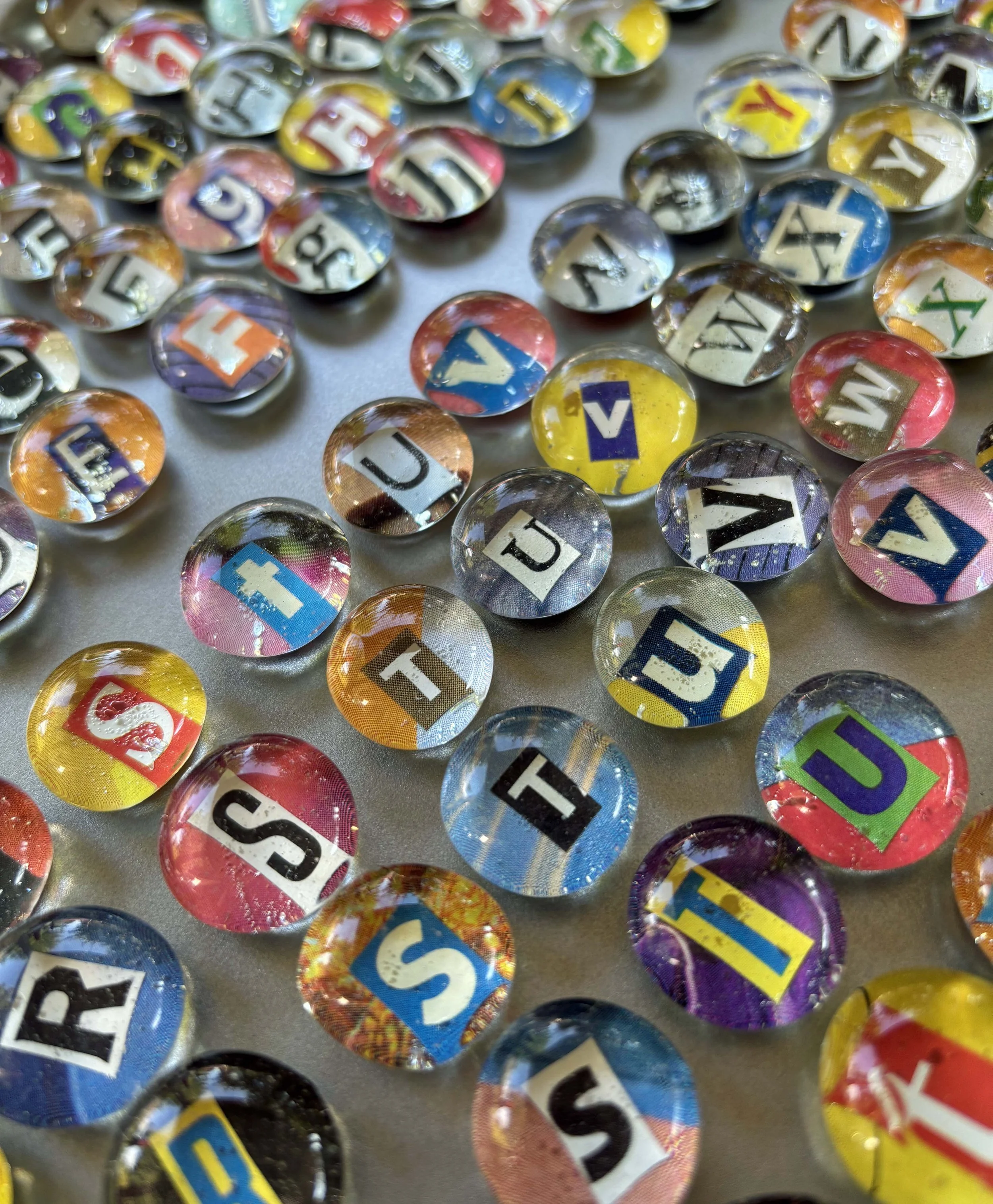  Alphabet Magnets  - magazines, glass beads, magnets