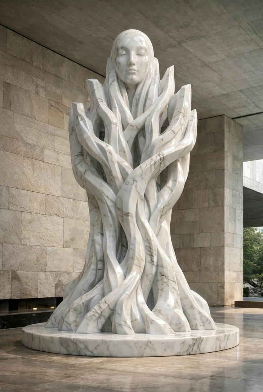 Modern and monumental white marble statue made to order , unique piece. Solaro Art Collection