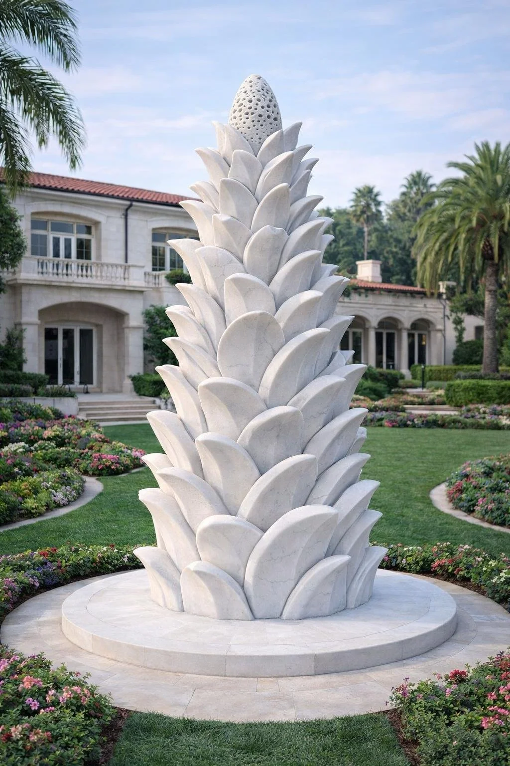 large modern white marble sculpture for outdoor or indoor luxury spaces. Unique piece made to order. Solaro Art Collection