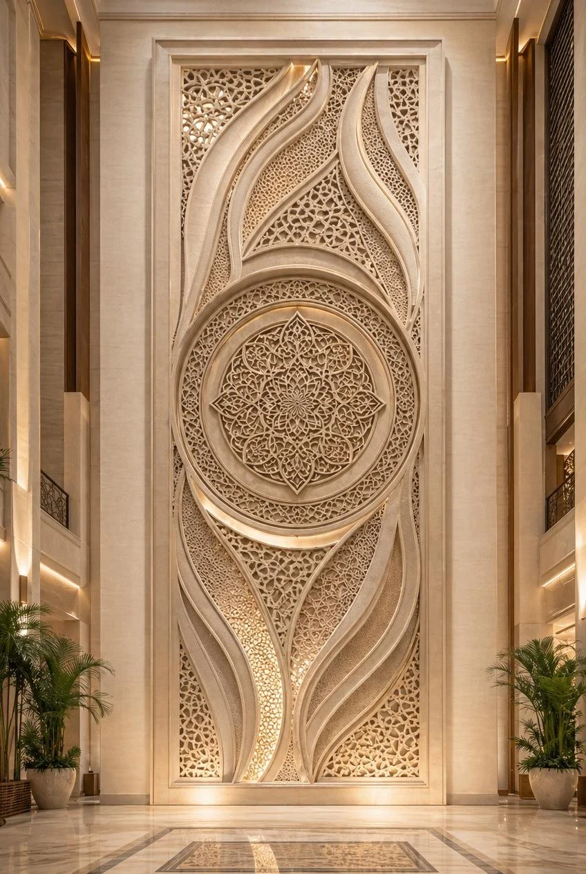 Colossal Middle Eastern Wall Sculpture in natural Kulen Sandstone for Prestigious Architectural Projects