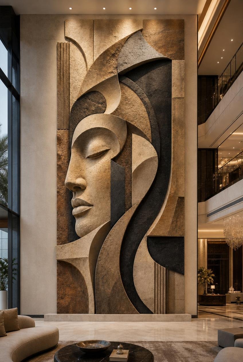 Monumental abstract face wall art panel with carved multicolor stone effect inside a luxury lobby