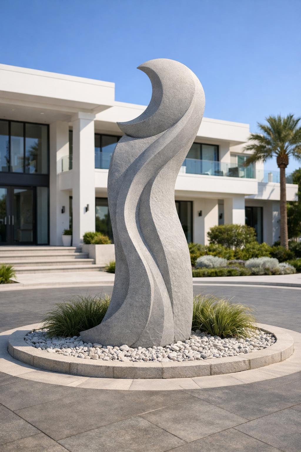 Abstract gray stone sculpture with wavy design and crescent-shaped top, situated outdoors in front of a modern white building with glass balconies and surrounded by landscaped plants and palm trees.