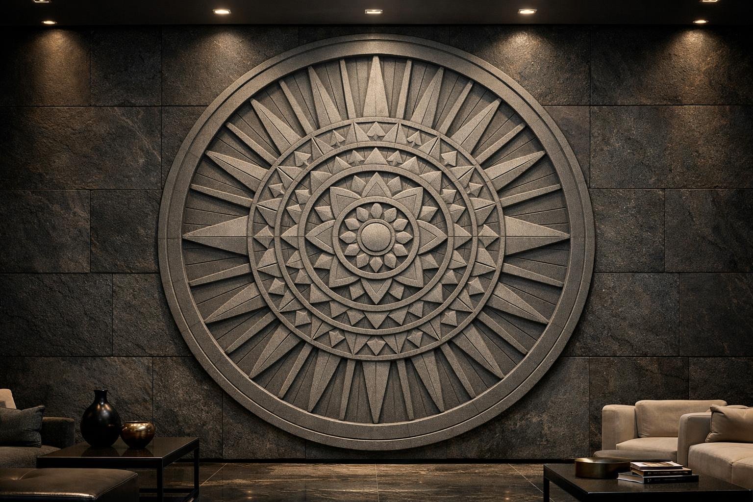 Large circular decorative wall art sculpture with intricate geometric patterns in a dark modern luxury interior.