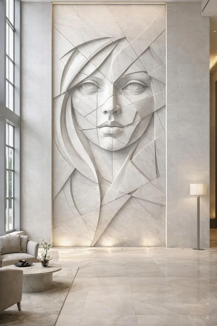 Colossal cubist wall relief with geomtric female portrait in handcrafted marble