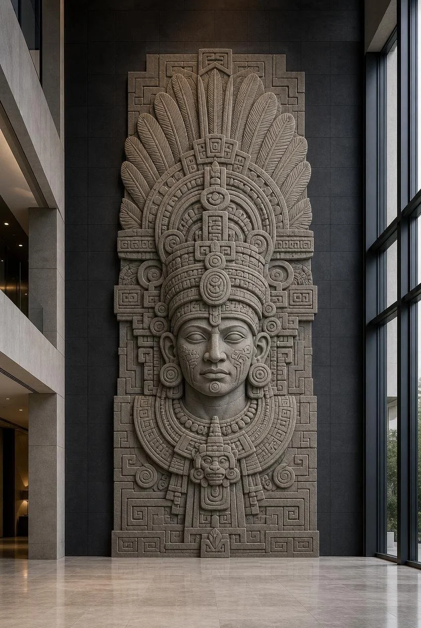 Bespoke large-scale aztec warrior stone-carved wall sculpture - Solaro Art Collection