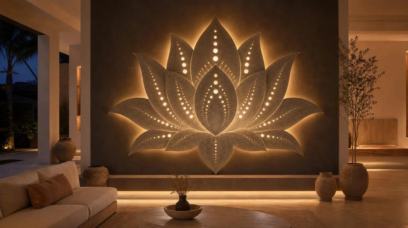 horizontal wall lamp sculpture with lotus design