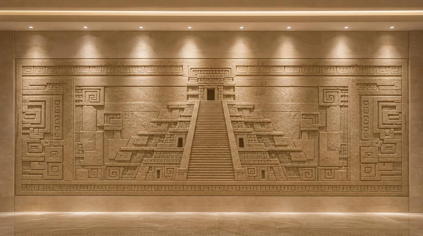 Large-scale wall sculpture of a stepped pyramid temple with central staircase with geometric patterns inspired by Mayan and Aztec architecture - Solaro Art Collection