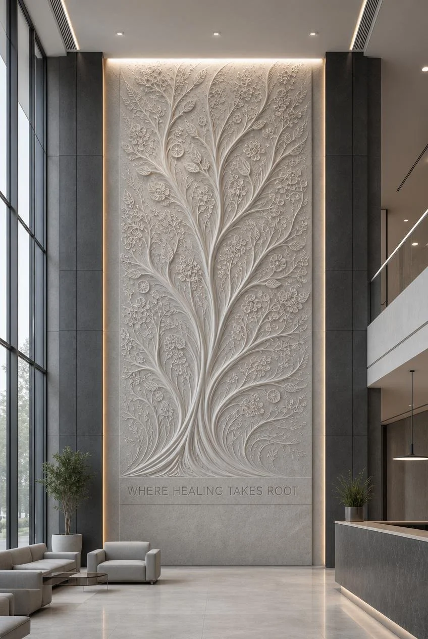 large tree of ilife wall sculpture inside a clinic lobby