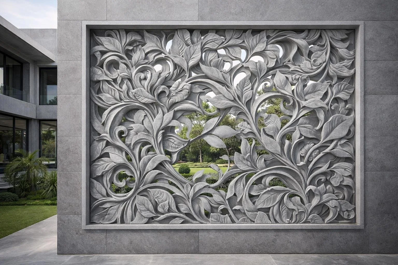 Custom organic leaf modern stone-carved outdoor bas-relief made to order. Solaro Art Collection