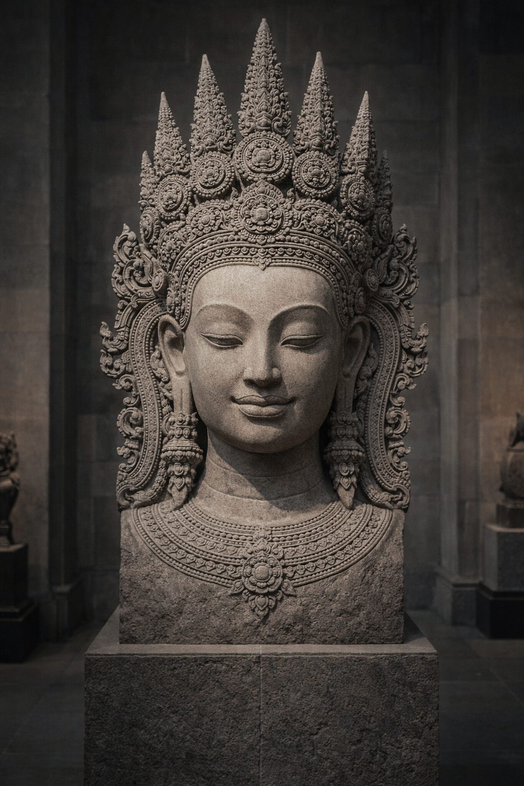 Stone sculpture of a smiling deity or goddess with an ornate headdress and jewelry, displayed on a pedestal.