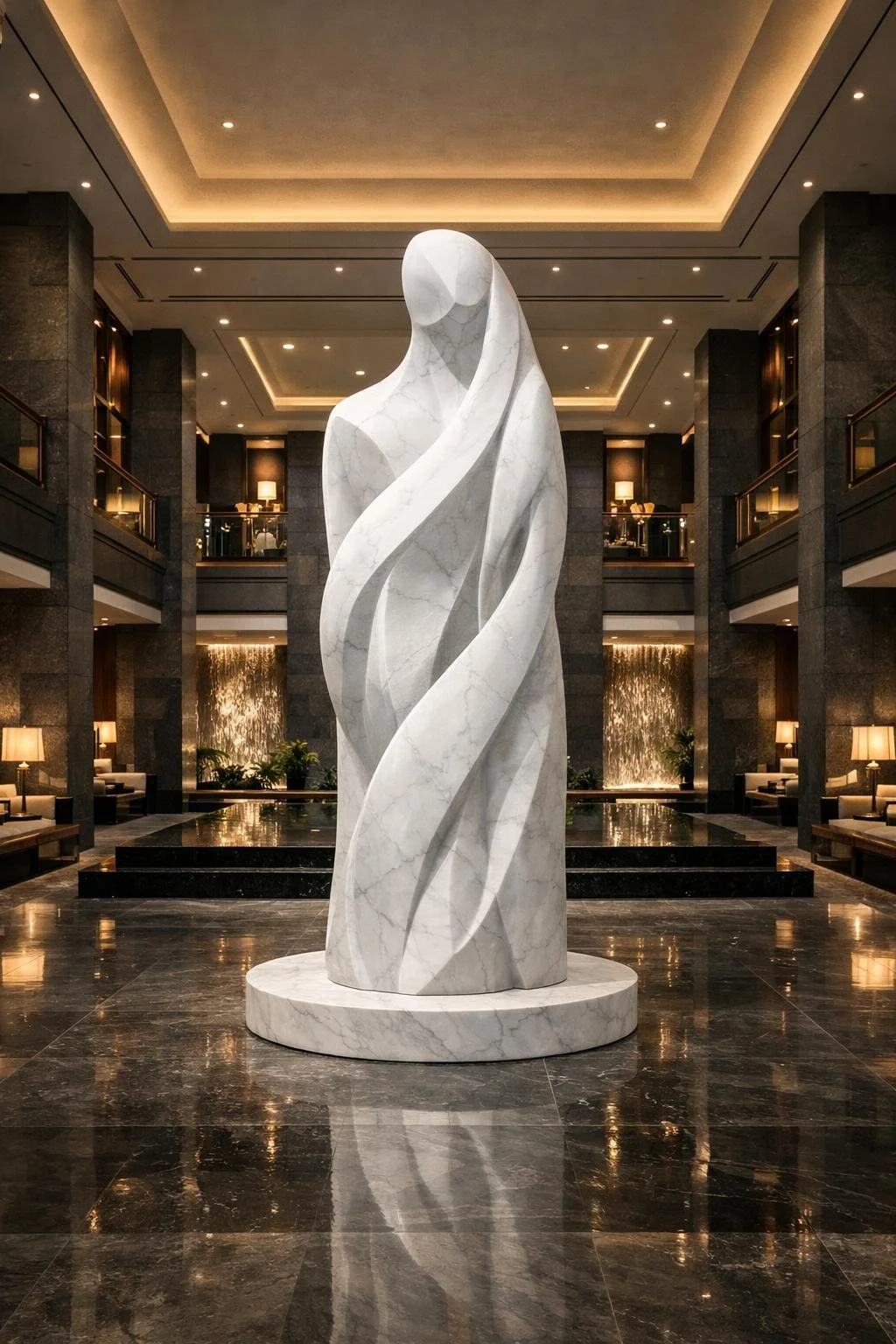 Monumental abstract human statue in white marble, 5 meters high for luxury lobby