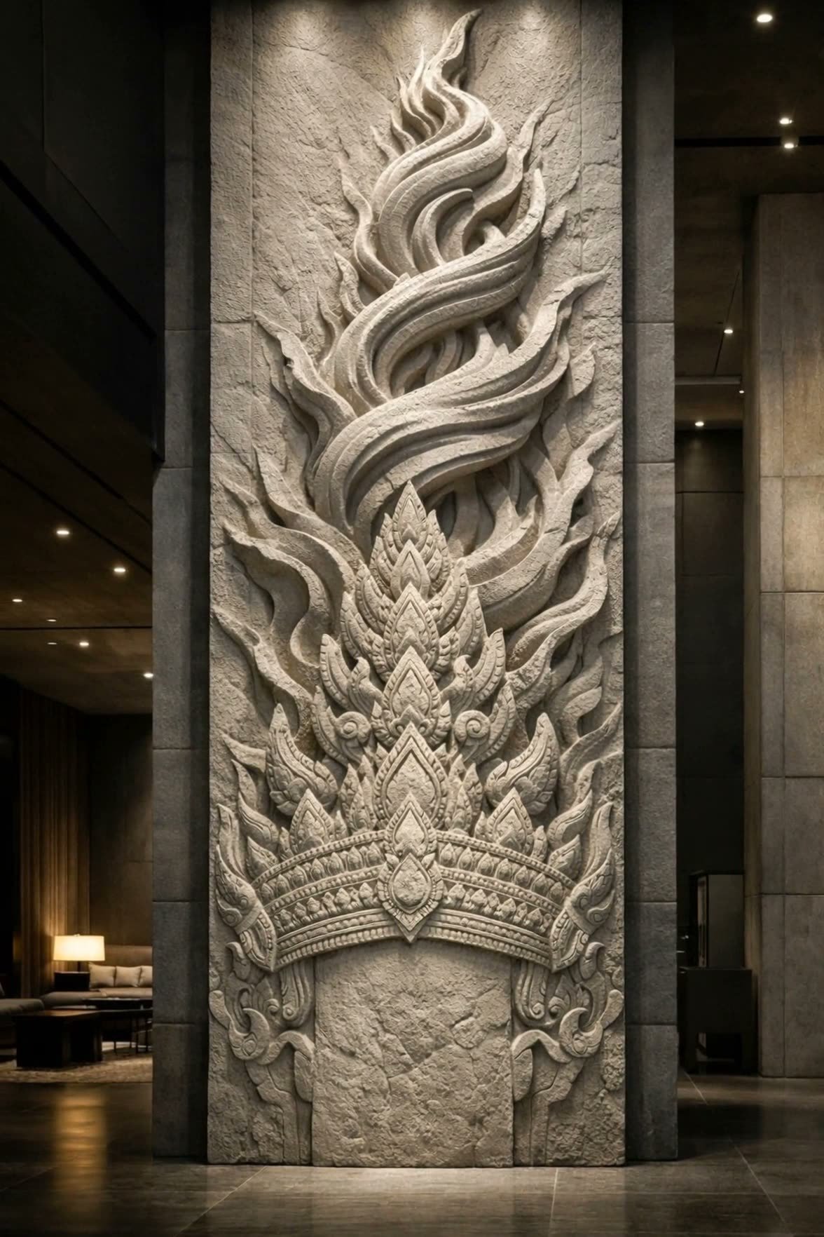 Custom architectural vertical wall sculpture, Khmer inspired, sculpted in grey sandstone. Ideal for luxury hotel or other architectural integrations. by Solaro Art Collection.