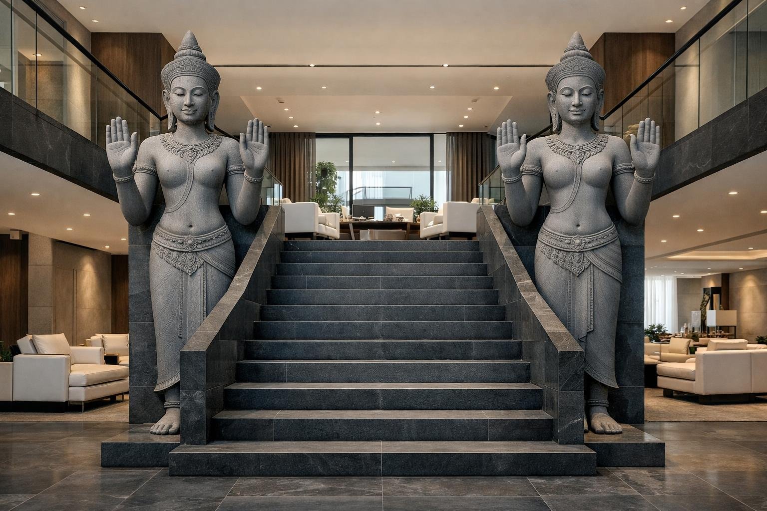 Colossal stone carved statues cambodian style, ideal for luxury architectural integration. By Solaro Art Collection