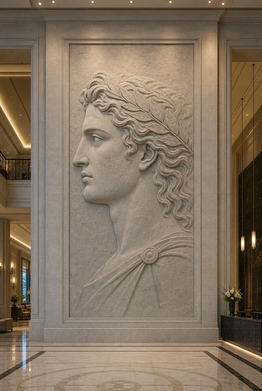 Gigantic Stone Wall Relief with contemporary Greek Apollo Profile inside a luxury Villa interior - Solaro Art Collection