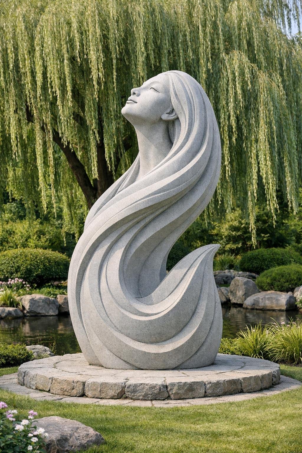 Gray stone sculpture of a woman with long flowing hair, delighted expression, set outdoors near a pond with rocks and greenery, trees in the background.