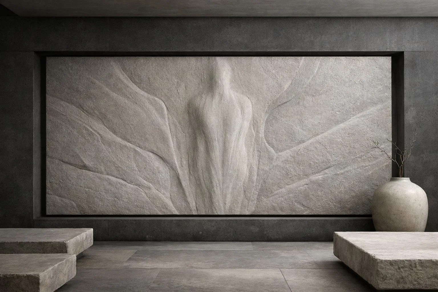 Abstract wall sculpture where a human form subtly emerges from the stone surface. Soft lines and minimal relief create a deep sense of calm and serenity, ideal for spa, wellness, and contemplative spaces. By Solaro Art collection