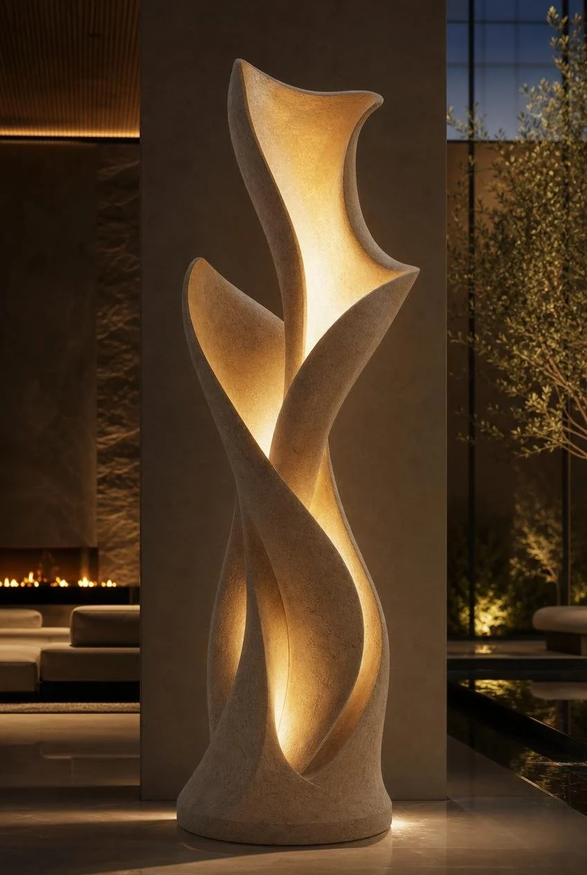Large graceful modern light sculpture in beige stone