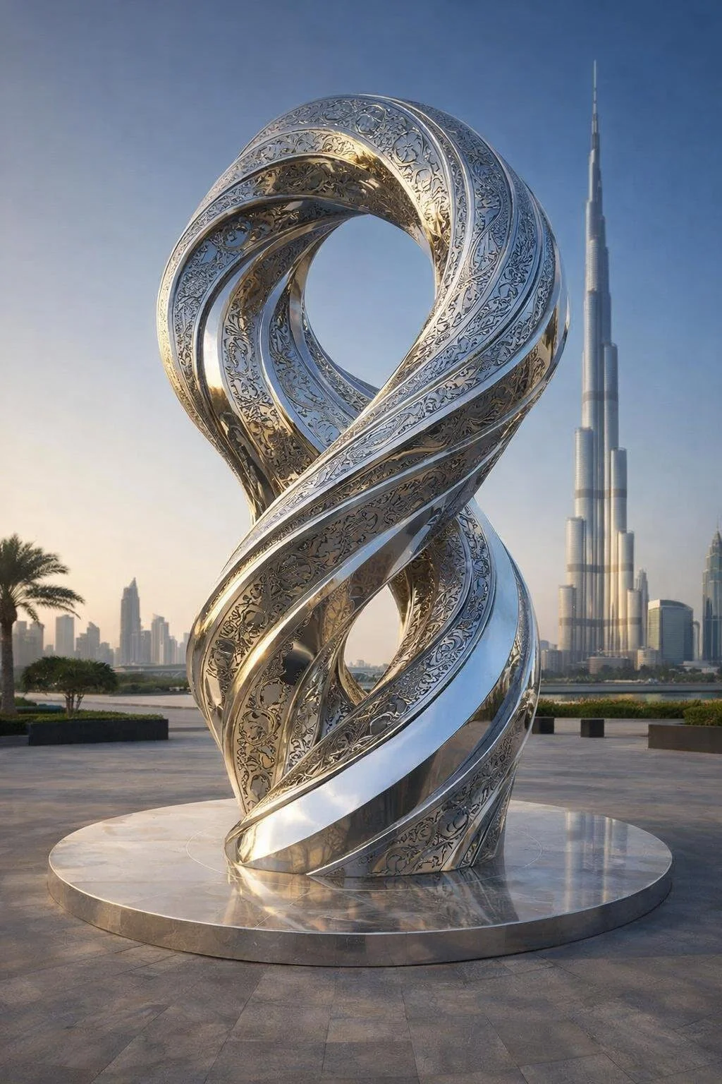 Twisted-grand-scale-metal-sculpture-arabesque-engraving-for-luxury-public-spaces-solaro-art-collection. Urban Sculpture for Koweit, Doha or other cities