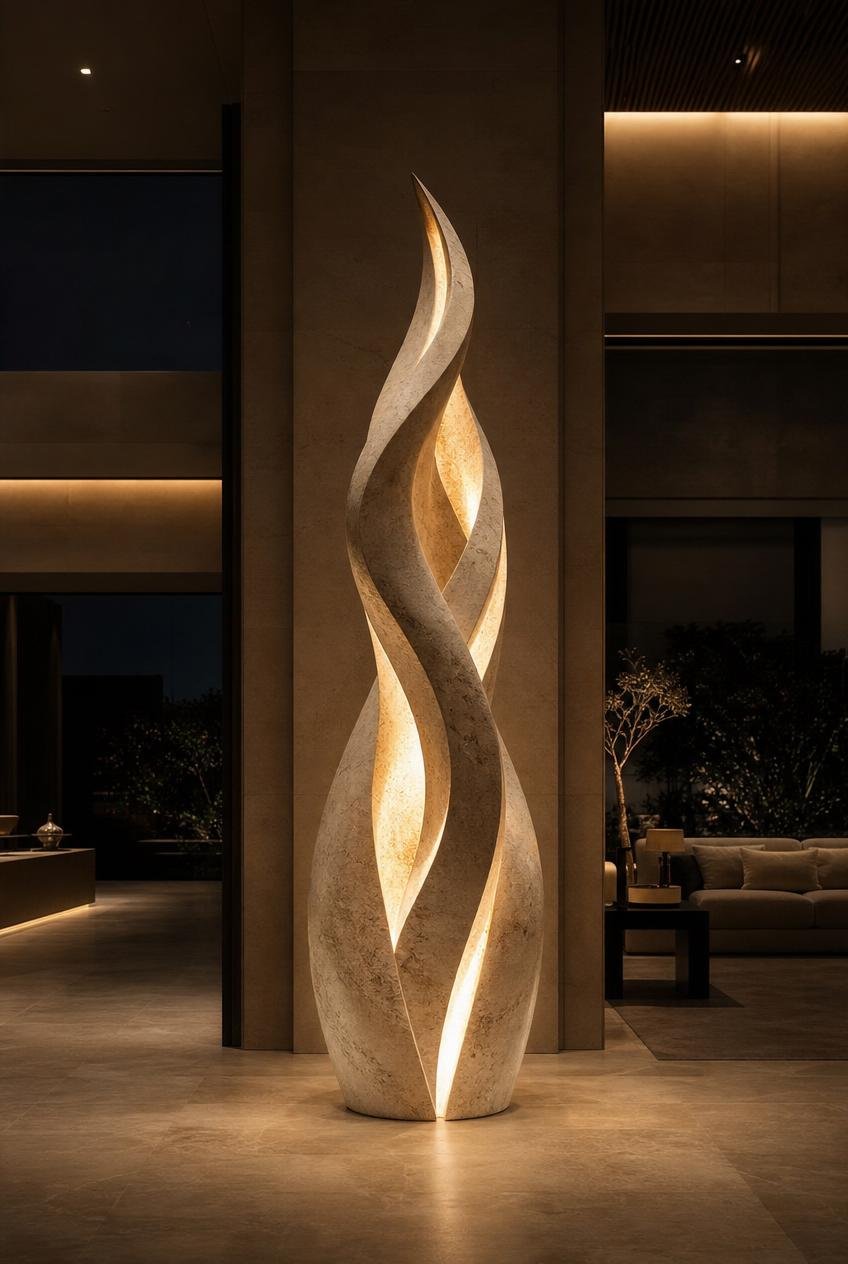 Large stone-carved lamp with modern flame shape