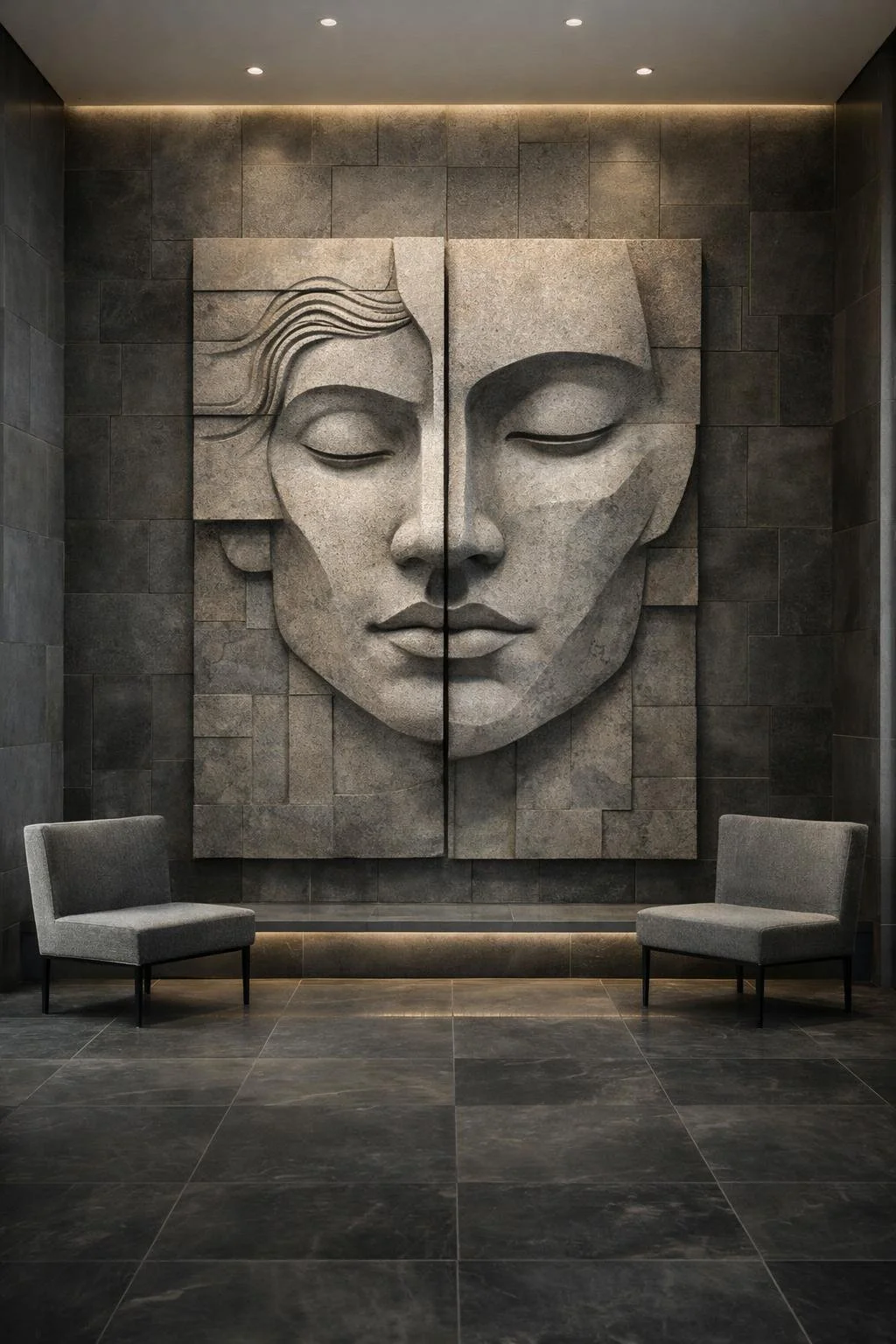 Monumental abstract face wall sculpture for luxury hotels or spas. Unique piece by Solaro Art collection