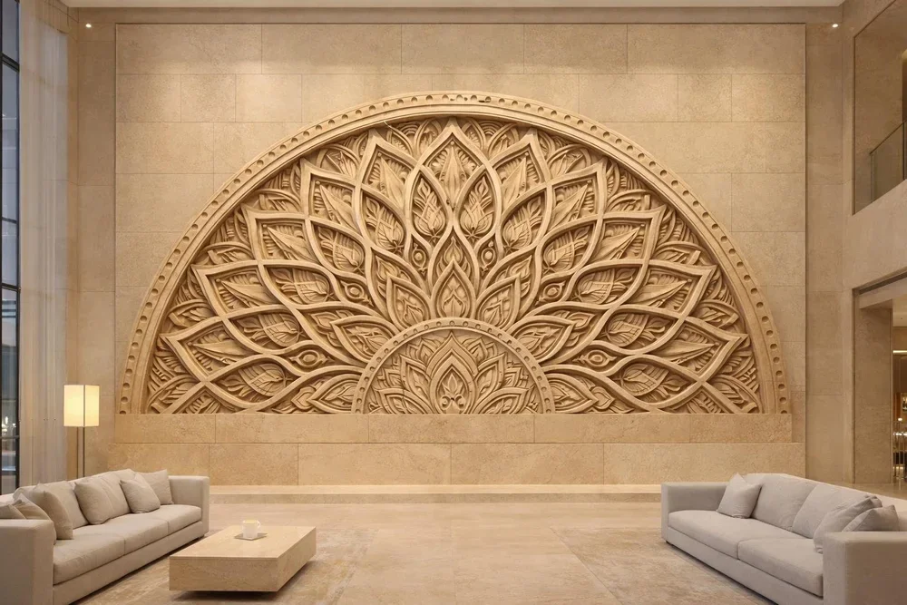 Bespoke large-scale stone carved mandala relief, yellow sandstone from Angkor. Solaro Art Collection