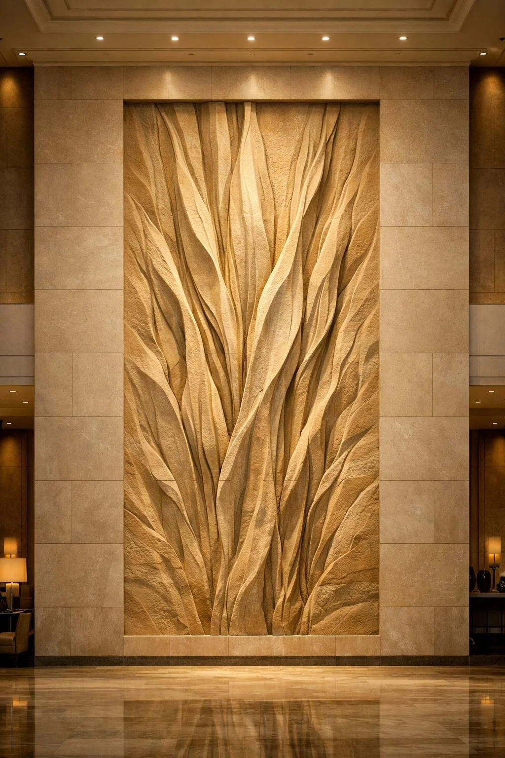 Large-scale yellow sandstone wall relief with organic organic vertical growth . Exclusive masterpiece. Solaro Art Collection