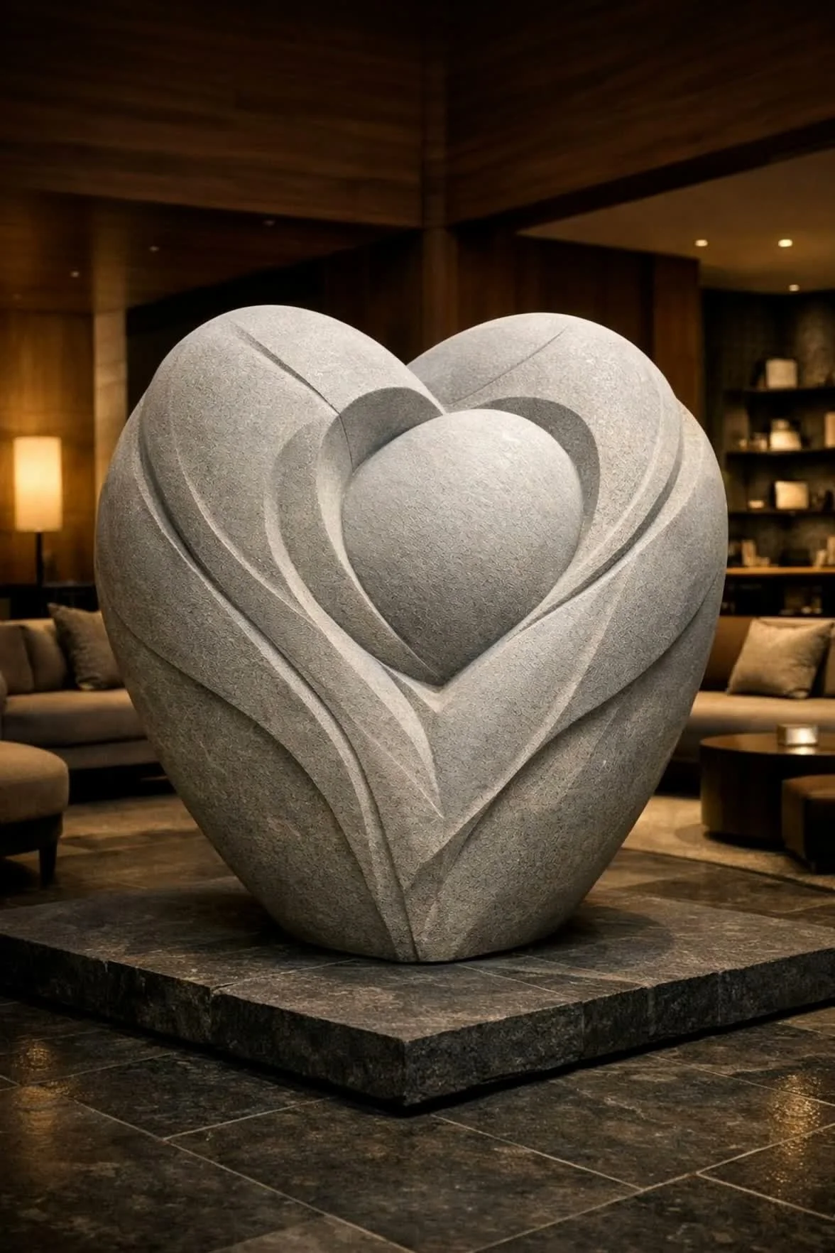 A large heart-shaped stone sculpture with layered carvings, situated on a dark stone base in a cozy indoor lounge area with warm lighting and wooden walls.