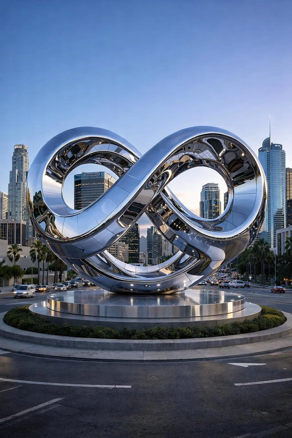 A large metallic sculpture of an infinity symbol in a cityscape with tall buildings, palm trees, and a busy street with cars.