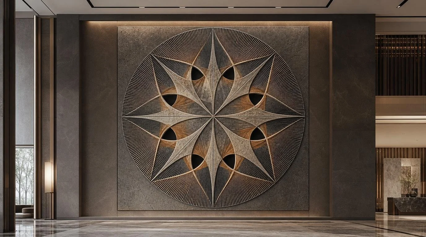 Large-Scale Circular geometrix wall art stone relief panel inside a luxury corporate lobby