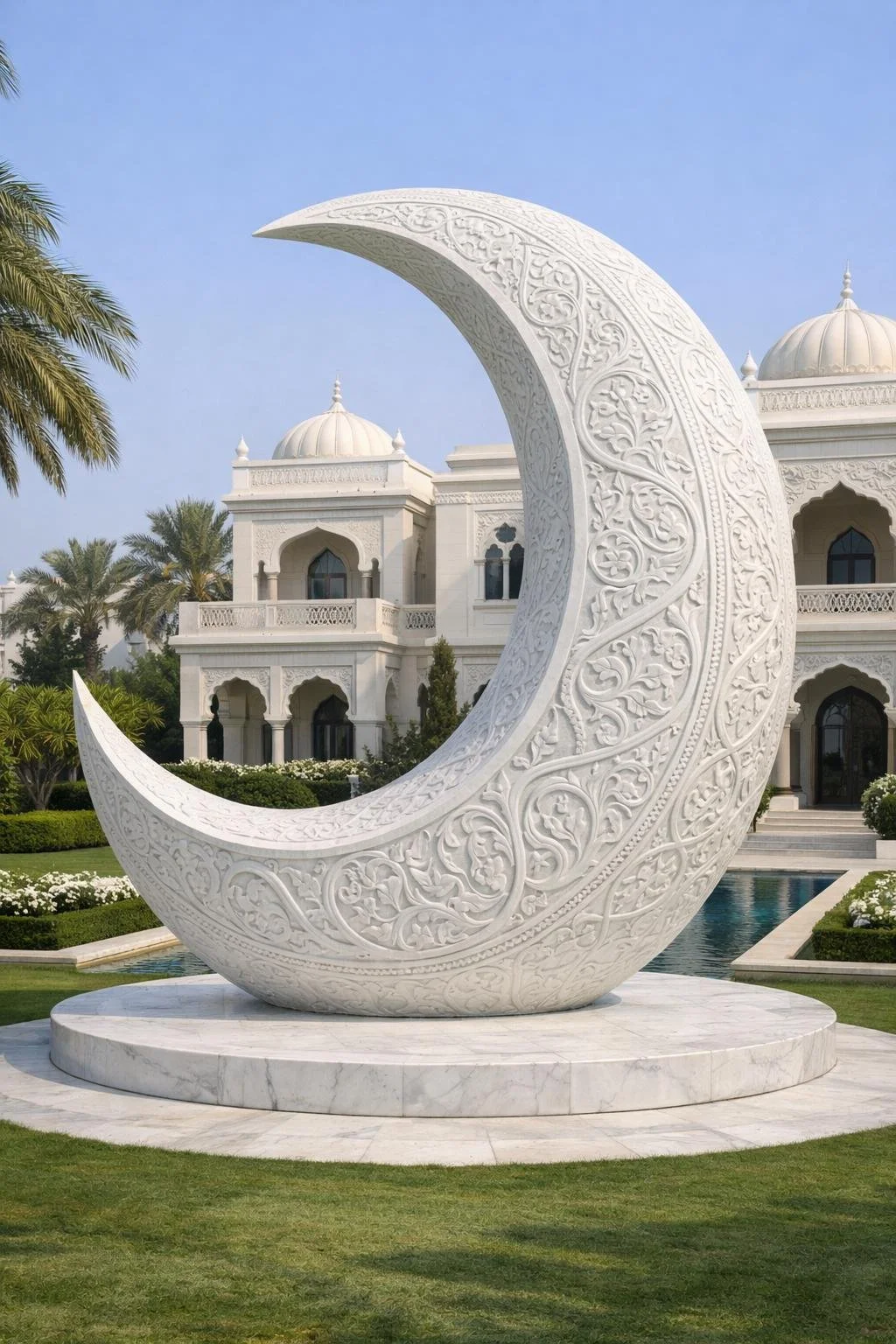 Monumental arabic outdoor sculpture in white marble for luxury spaces in saoudia arabia, dubai, kuwait, qatar. Solaro Art Collection