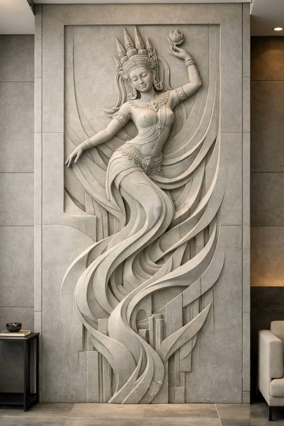 Khmer apsara monumental wall sculpture. Unique sale, worldwide delivery. Solaro Art Collection.