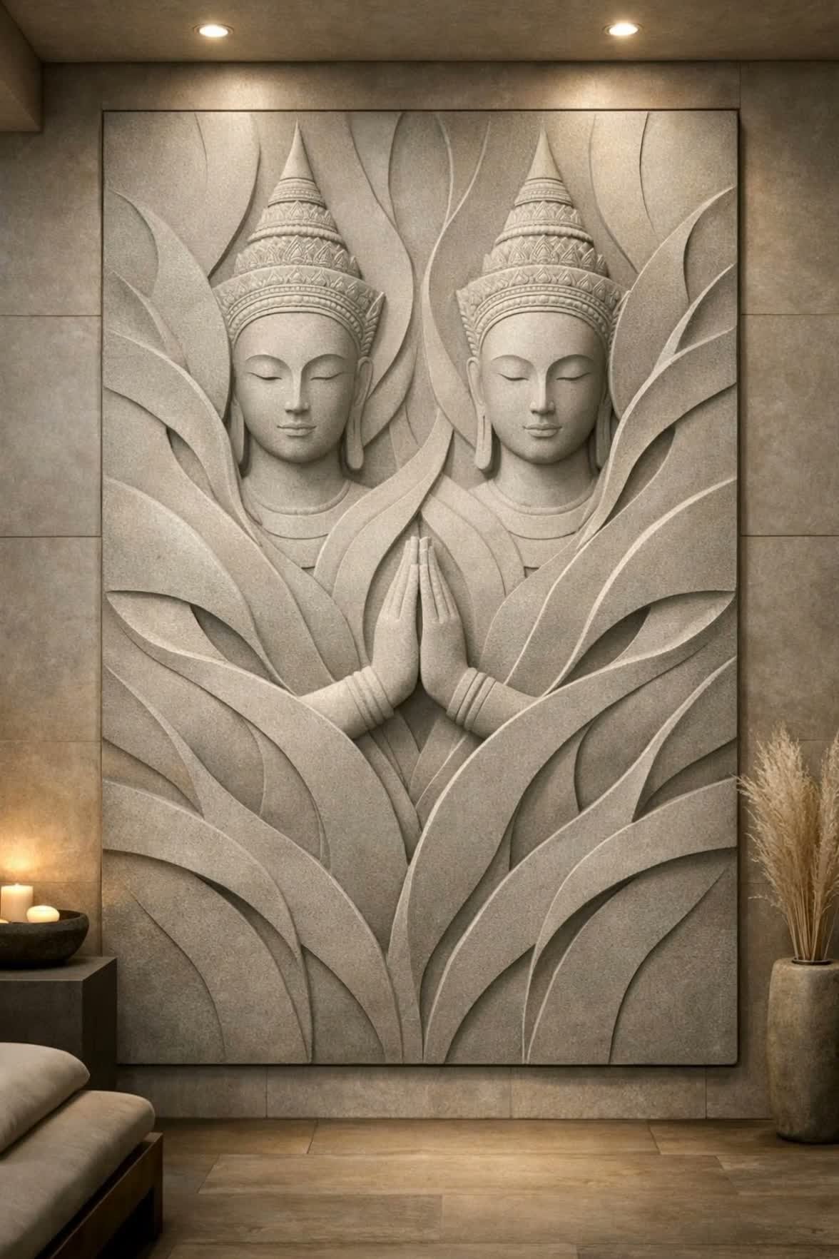 Large-scale contemporary Khmer-inspired wall relief sculpture in natural grey Kulen sandstone. One-of-a-kind masterpiece. Solaro Art Collection