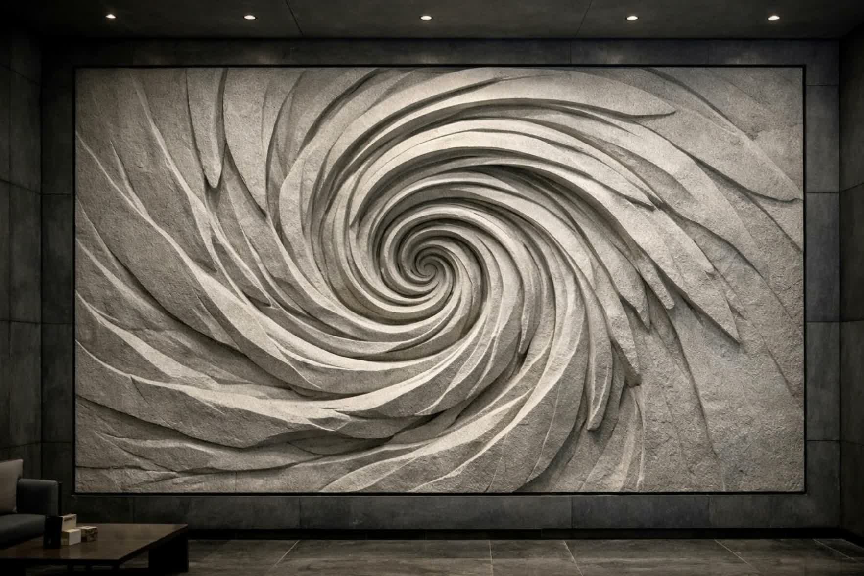 A textured wall panel with a spiral pattern carving in the center, set in an indoor space with ceiling lights.