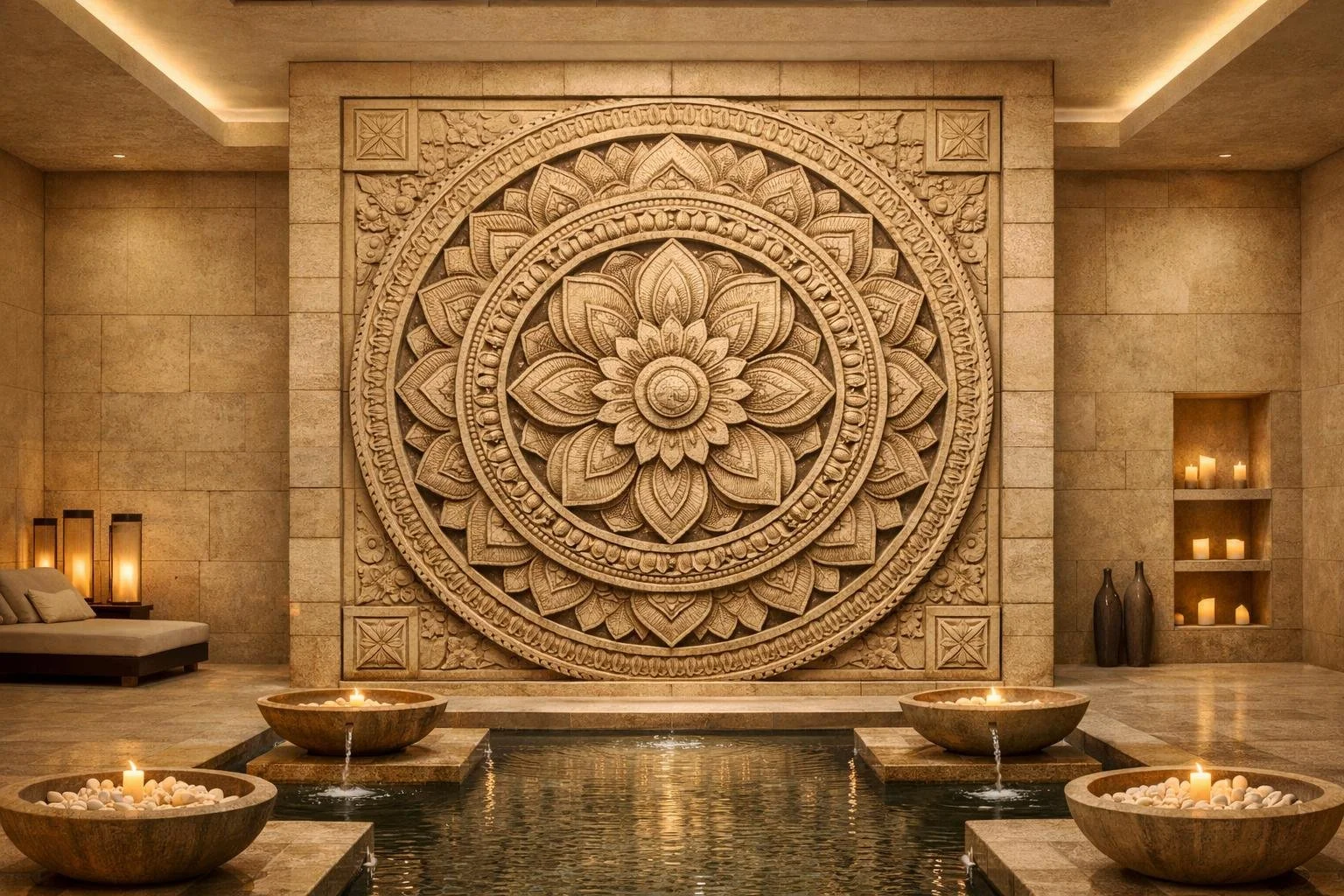 Unique large-scale mandala stone carved bas relief. Monumental size, Solaro Art Collection