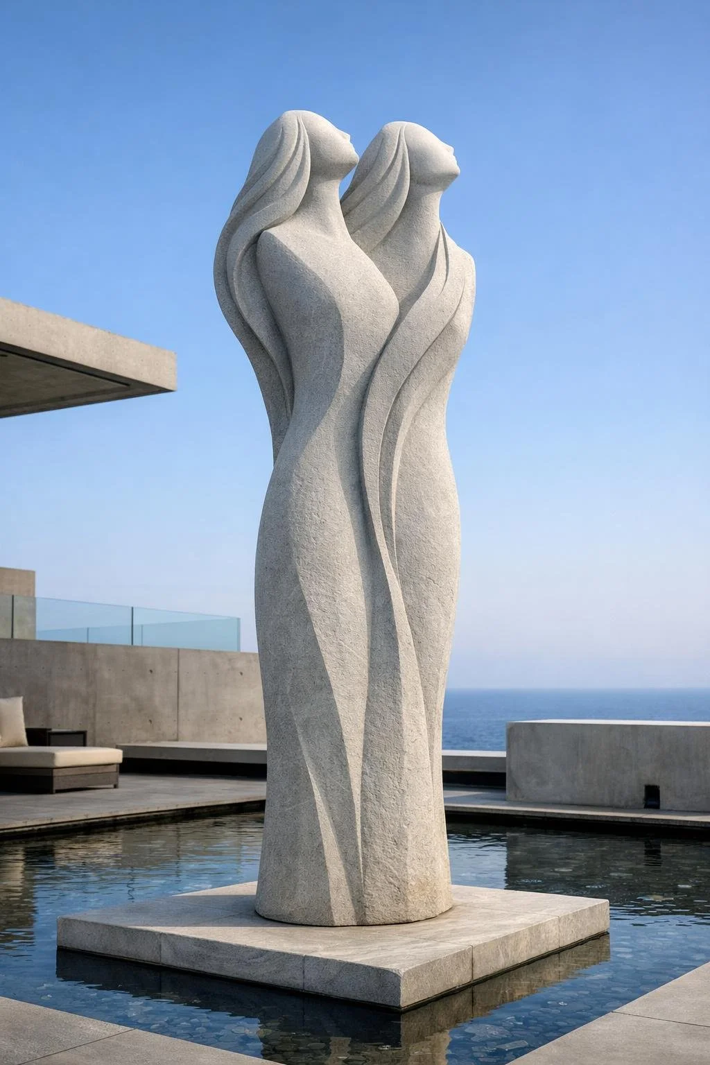 Modern sculpture of two abstract female forms with flowing hair, standing back to back, on a pedestal in a pool, overlooking the ocean under a clear blue sky.