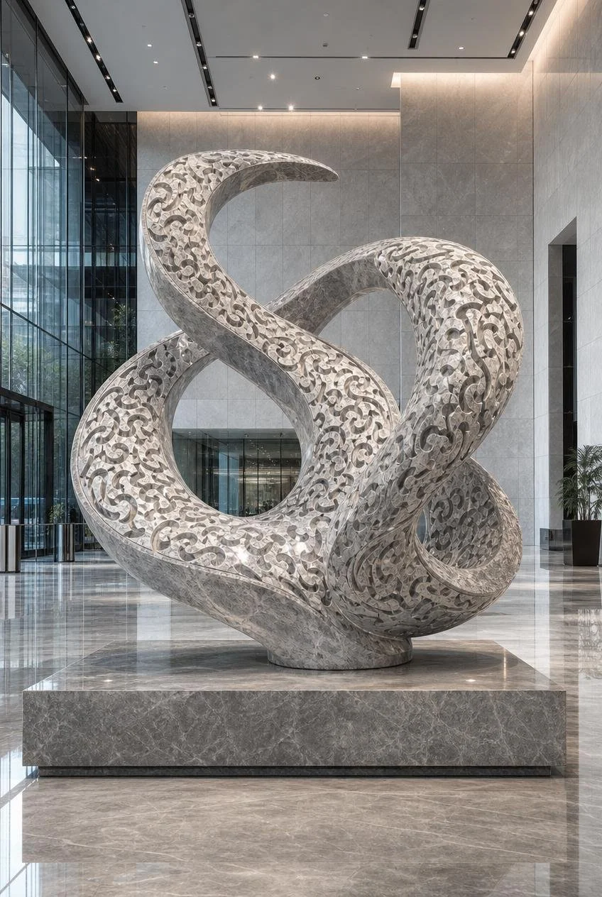 Custom marble sculpture for corporate lobby. Solaro Art