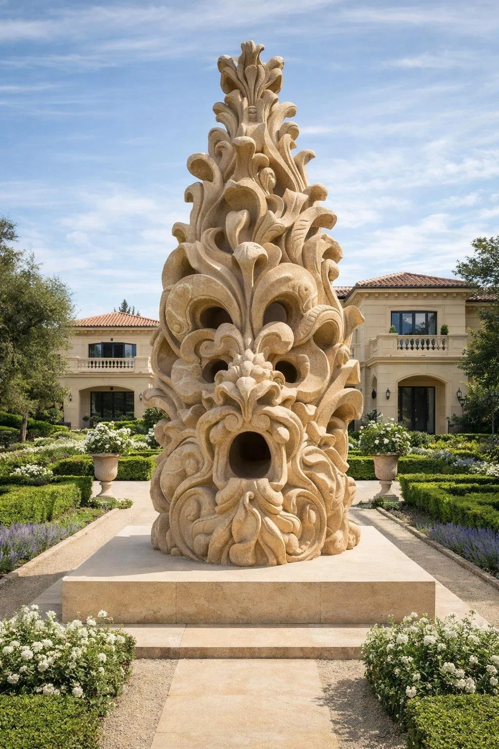 Large-scale contemporary baroque style sculpture in authentic sandstone. Unique Masterpiece by Solaro Art Collection